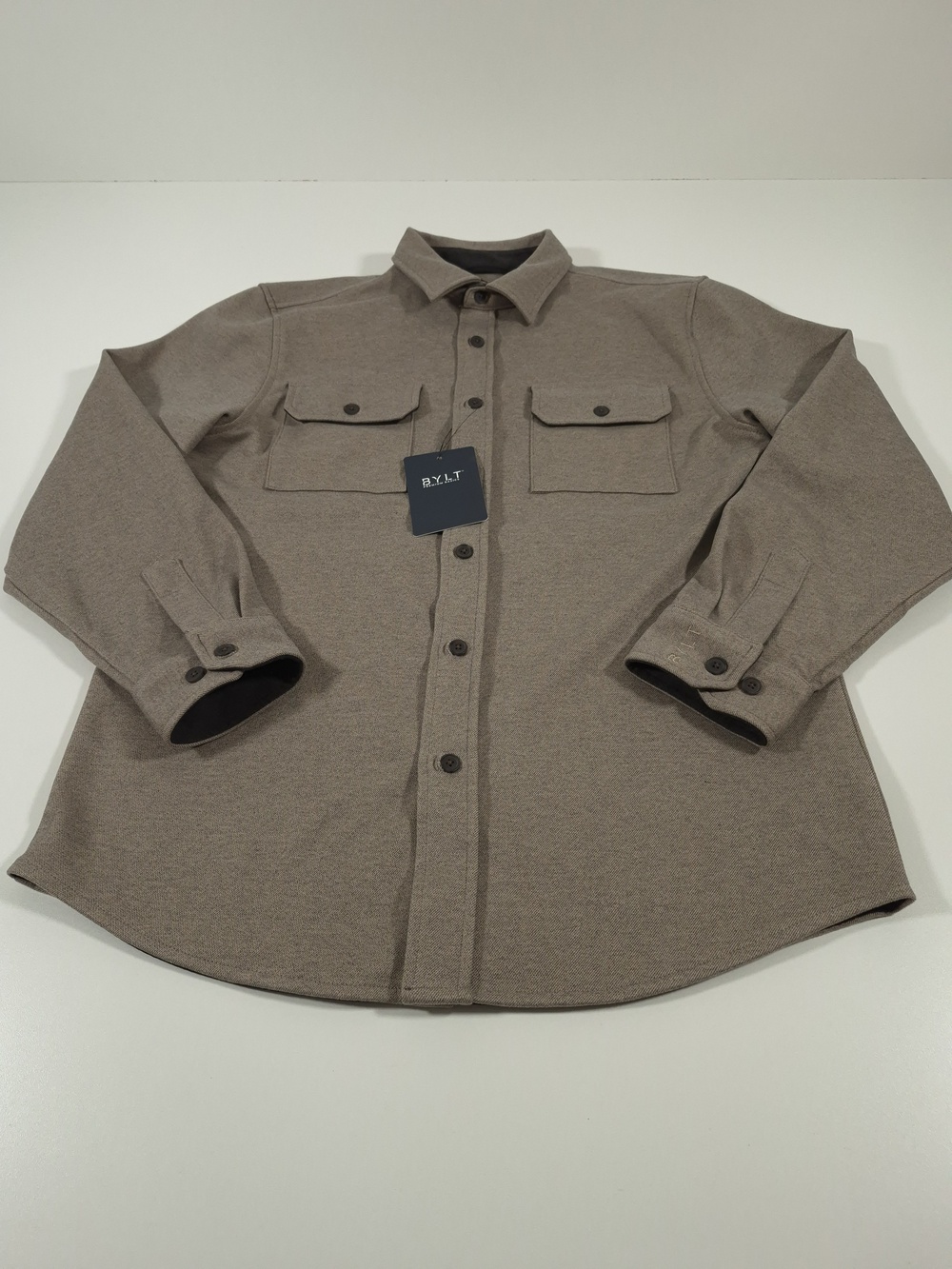 BYLT Jacket Mens Large Beige Coastal Overshirt Softshell Button Pockets Stretch